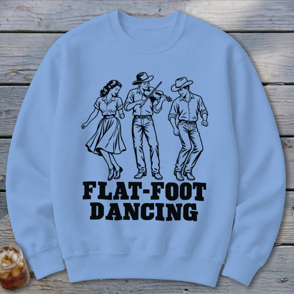 Light blue sweatshirt with black graphic of people flat-foot dancing and playing the fiddle.