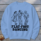Light blue sweatshirt with black graphic of people flat-foot dancing and playing the fiddle.