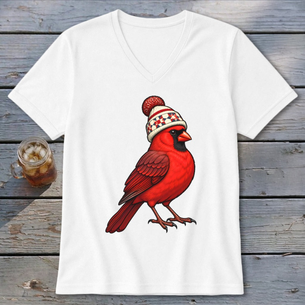 White V-neck t-shirt featuring an illustration of a red cardinal wearing a winter beanie.