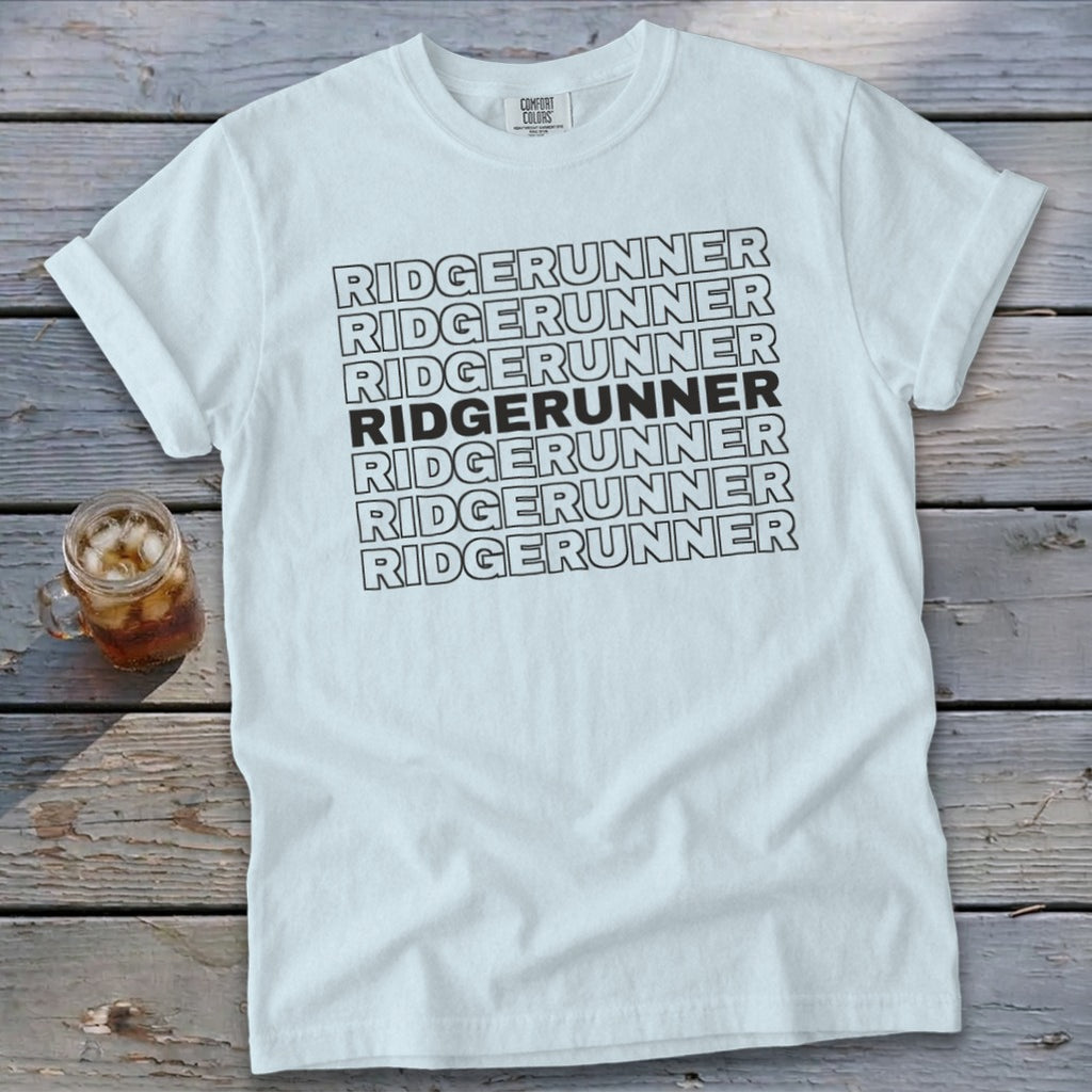 White t-shirt with repeating "RIDGERUNNER" text in black outlines.