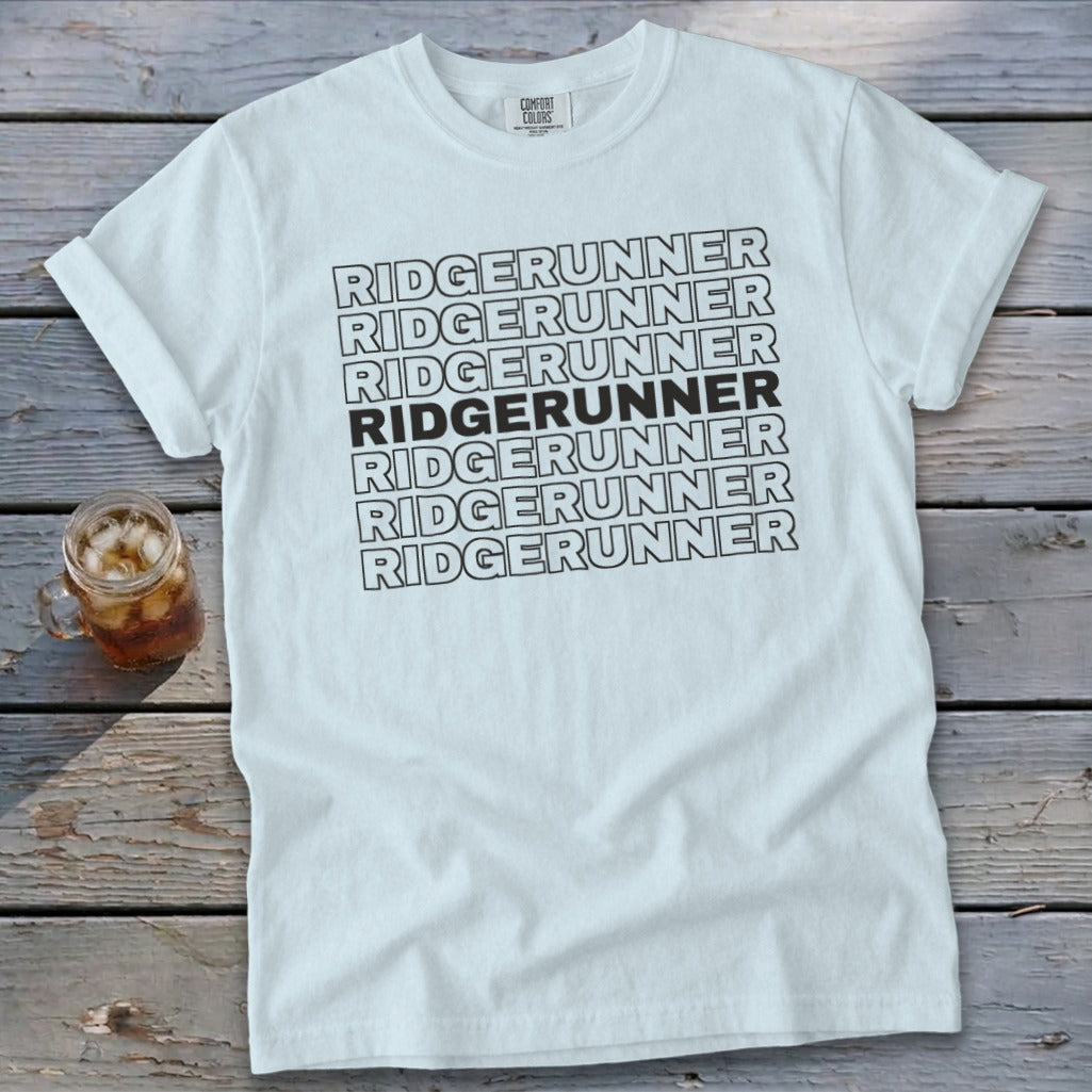 White t-shirt with repeating "RIDGERUNNER" text in black outlines.