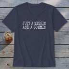Navy v-neck t-shirt with "JUST A MESSIN AND A GOMMIN" text.