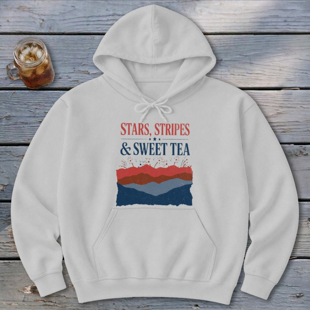 A light gray hooded sweatshirt featuring a patriotic graphic that reads Stars, Stripes, & Sweet Tea.