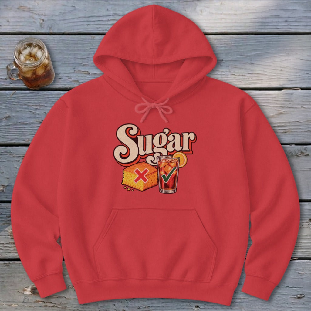 A red hoodie featuring graphic text that reads Sugar, alongside an illustration of cornbread with a red X and iced tea with a green checkmark.