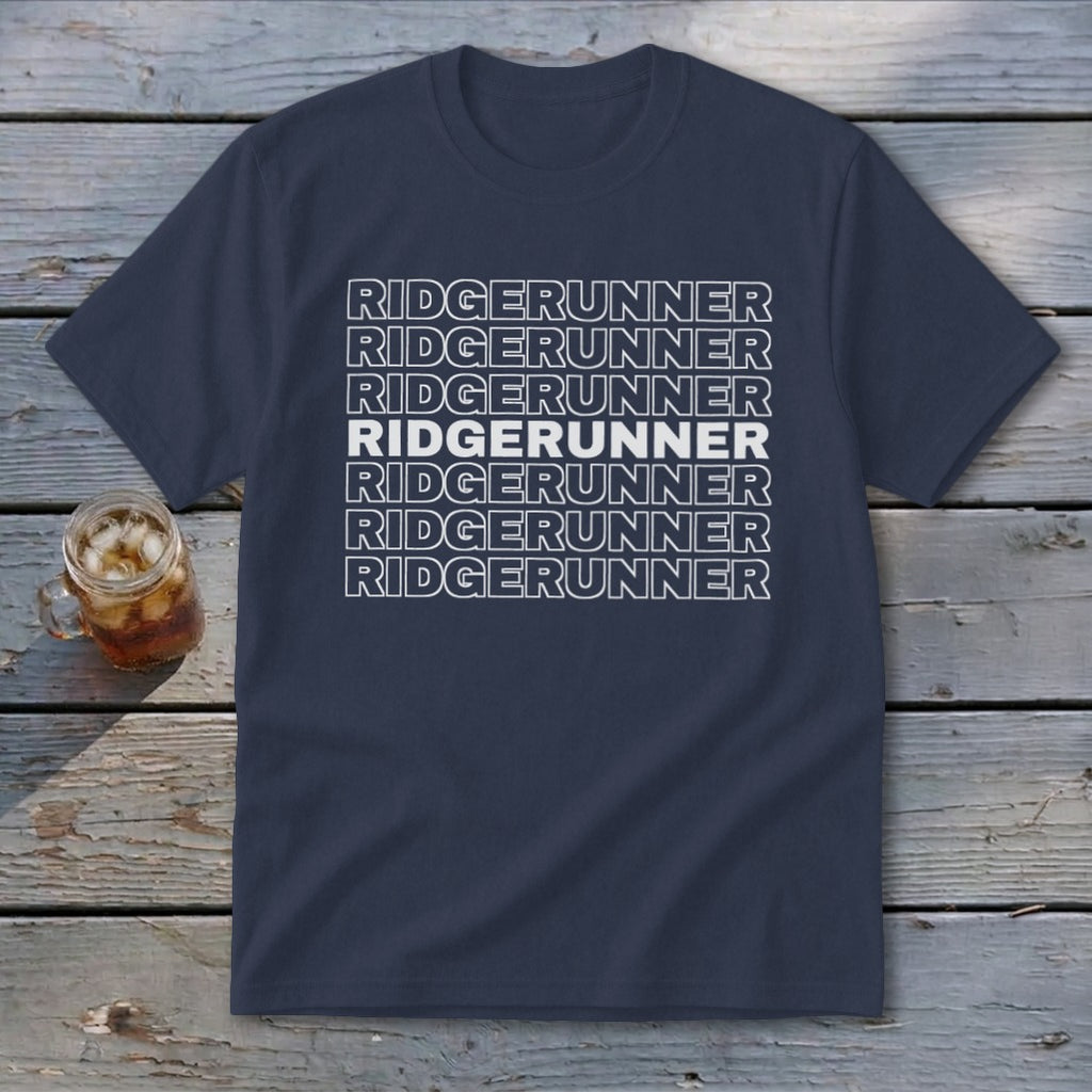 Navy t-shirt with "RIDGERUNNER" repeated in white text seven times.