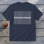 Navy t-shirt with "RIDGERUNNER" repeated in white text seven times.