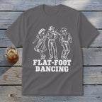 Gray t-shirt with white graphic of people flat-foot dancing and text.