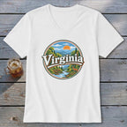 White t-shirt with a circular graphic of a Virginia landscape featuring mountains, river, deer, and trees.