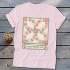 Light pink t-shirt featuring a "Double Wedding Ring" quilt block design.