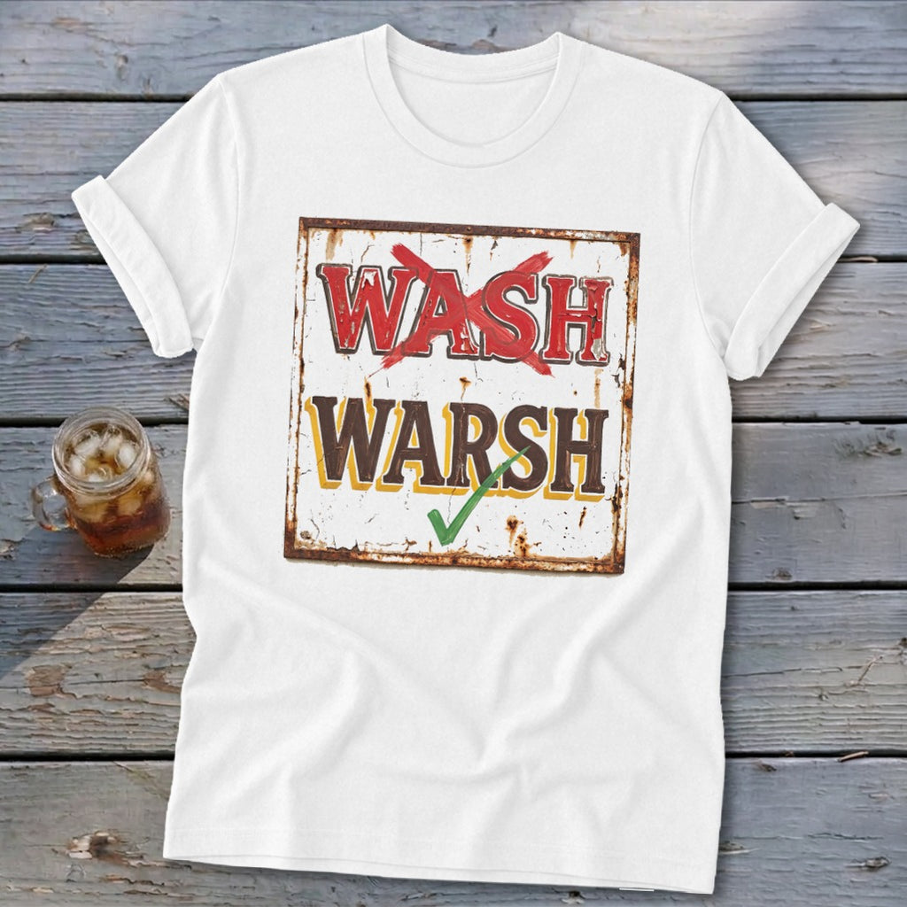 White t-shirt featuring a distressed graphic with the red word wash crossed out and the brown word warsh checked.
