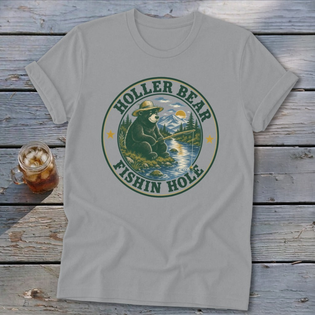 Grey t-shirt with a circular graphic of a bear fishing, featuring text "Holler Bear Fishin Hole".