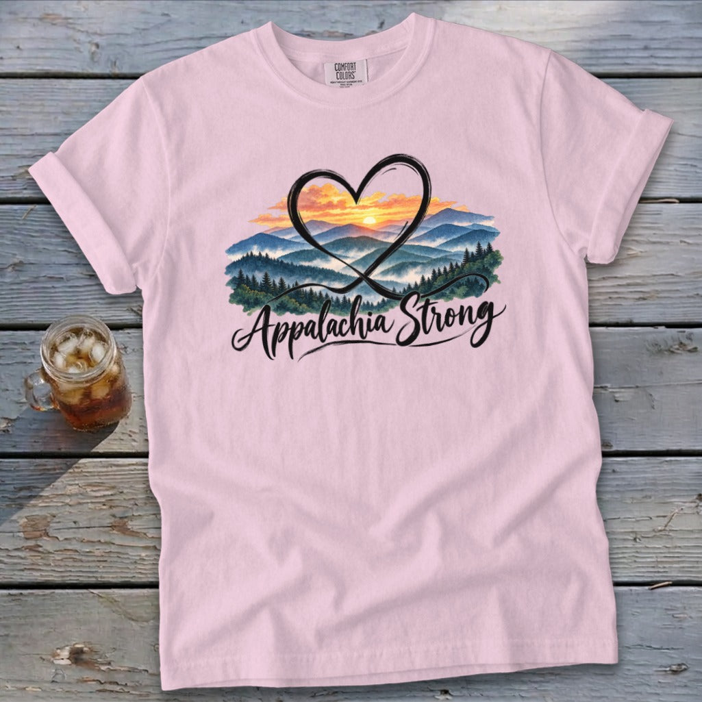 Pink t-shirt with a heart-shaped mountain landscape and "Appalachia Strong" text.