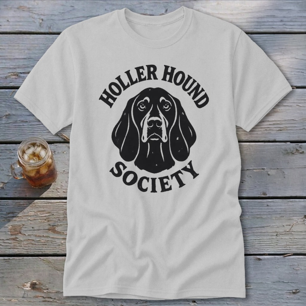 White t-shirt with "Holler Hound Society" and dog graphic.