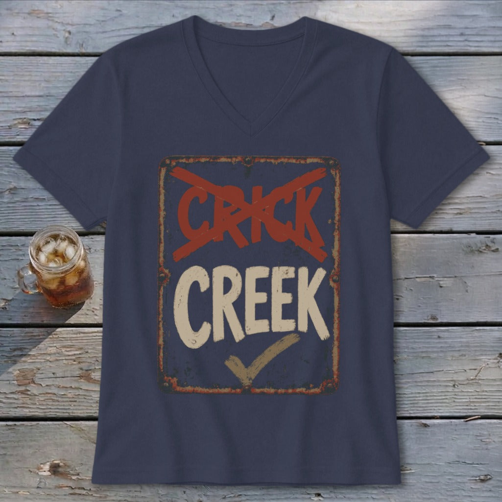 Navy t-shirt with distressed sign graphic reading "CRICK CREEK" with a checkmark.
