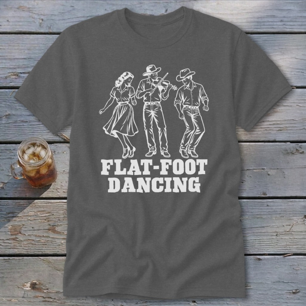Graphic t-shirt with white outline of three people dancing and text "FLAT-FOOT DANCING".
