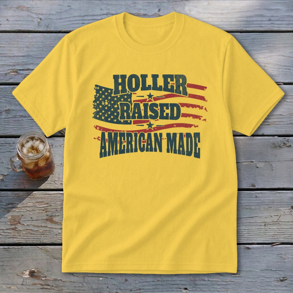 Yellow t-shirt with distressed American flag and text "HOLER RAISED AMERICAN MADE".