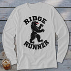 White long sleeve shirt with black bear graphic and "RIDGE RUNNER" text.