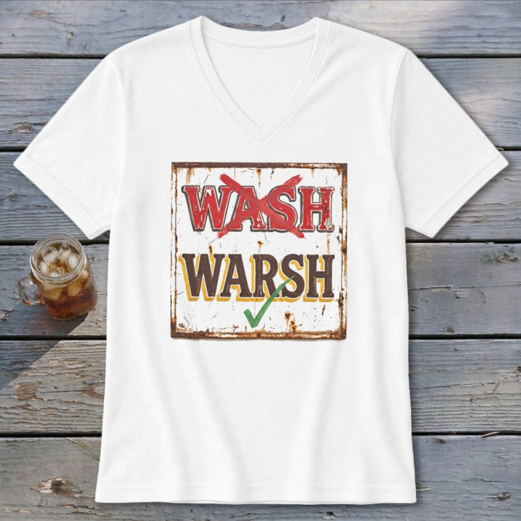 White v-neck t-shirt with a distressed graphic of a rusty sign reading Wash with a red 'X' and Warsh with a green checkmark.