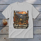 Two rocking chairs on a porch with text "Pull up a chair The holler's talkin'".