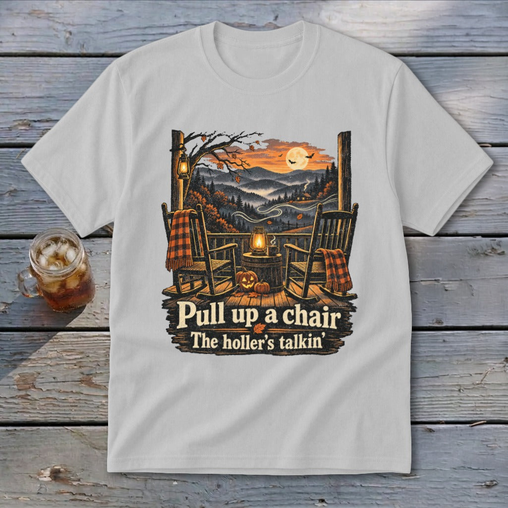 Two rocking chairs on a porch with text "Pull up a chair The holler's talkin'".