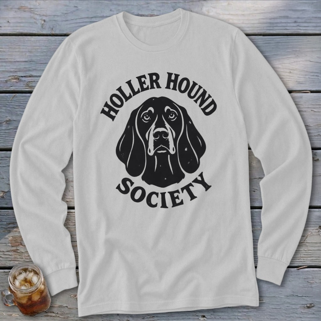 White long sleeve shirt with black "Holler Hound Society" text and dog face graphic.