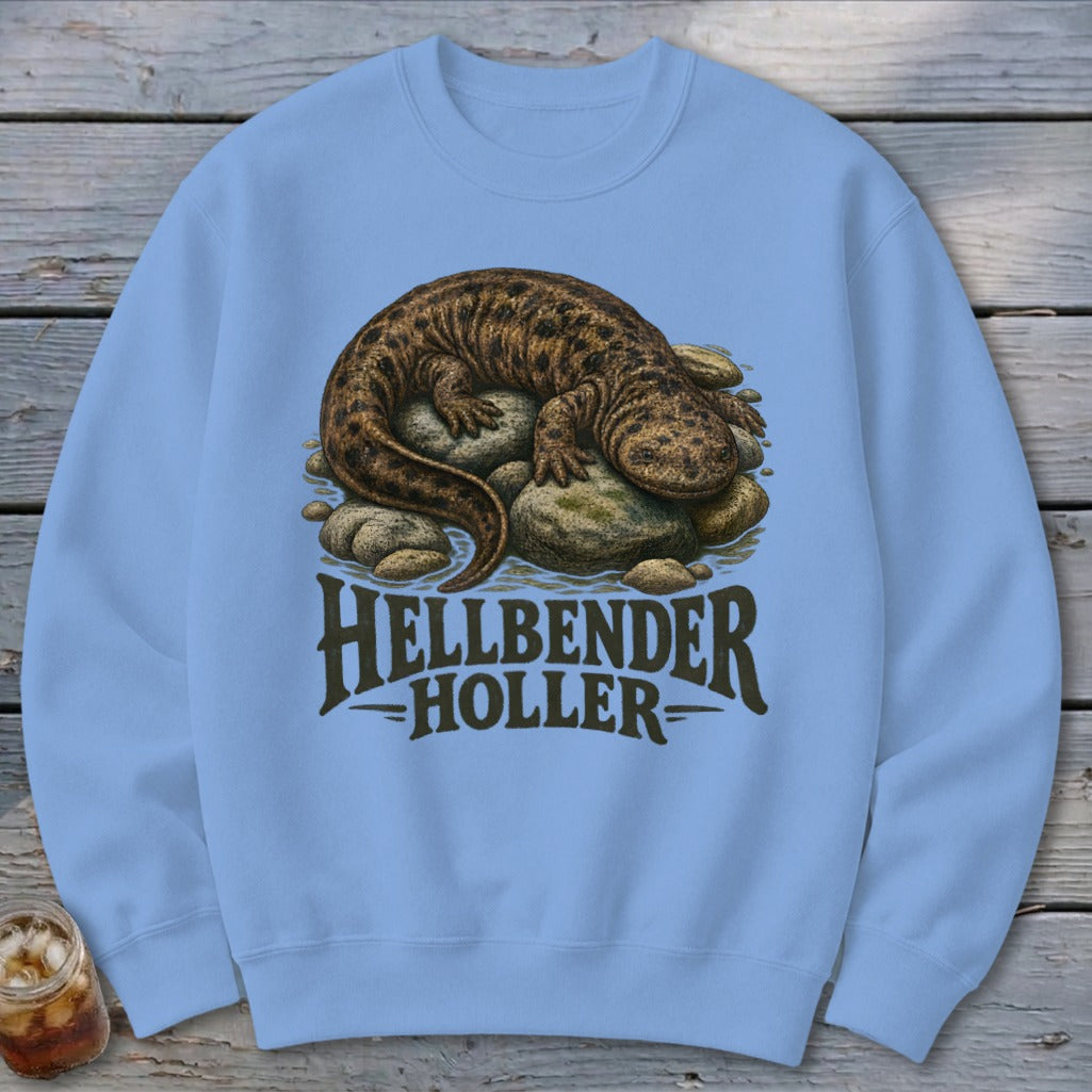 Light blue sweatshirt with a hellbender salamander graphic and "HELLBENDER HOLLER" text.