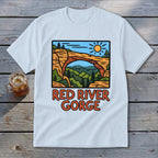 T-shirt graphic with "Red River Gorge" text and a scenic archway with trees and sun.
