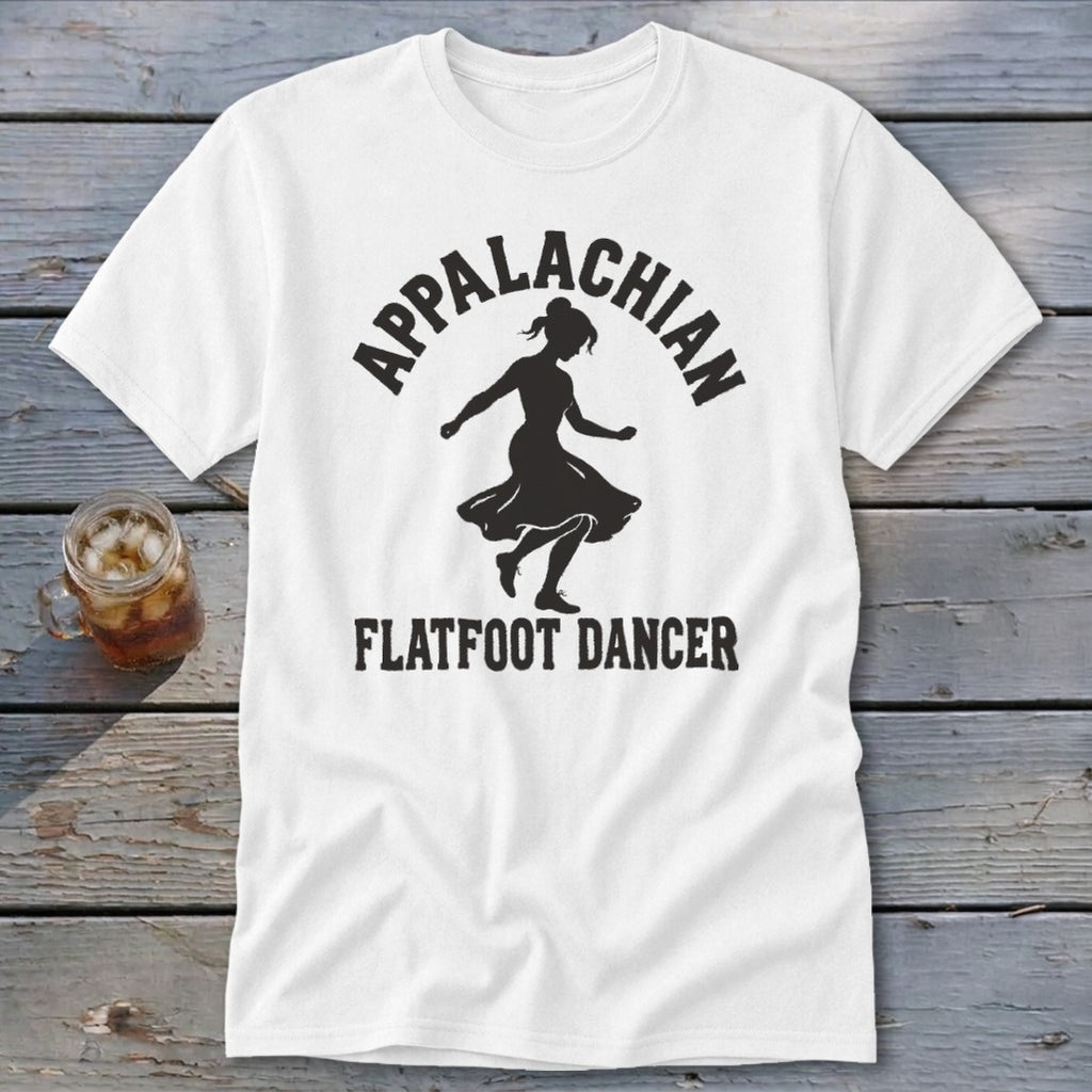 A white t-shirt featuring a black silhouette of a dancer with Appalachian Flatfoot Dancer text.