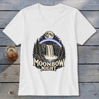 White t-shirt with a "Moonbow Night" graphic of a waterfall and moon.
