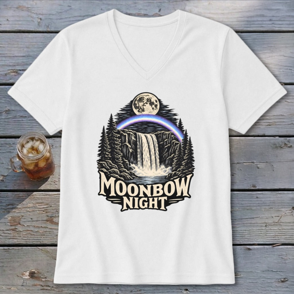 White t-shirt with a "Moonbow Night" graphic of a waterfall and moon.