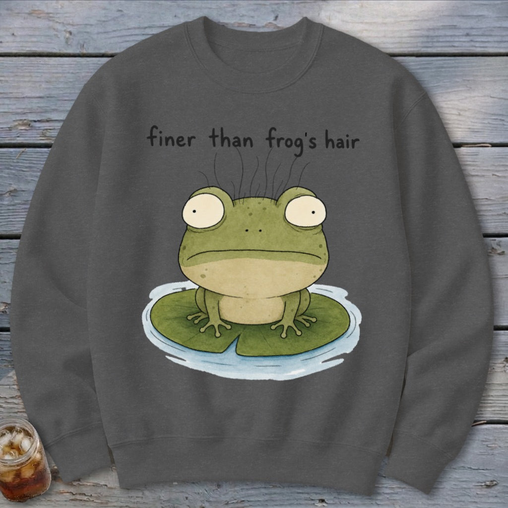 Charcoal crewneck sweatshirt featuring a cartoon frog on a lily pad with the text finer than frog's hair.
