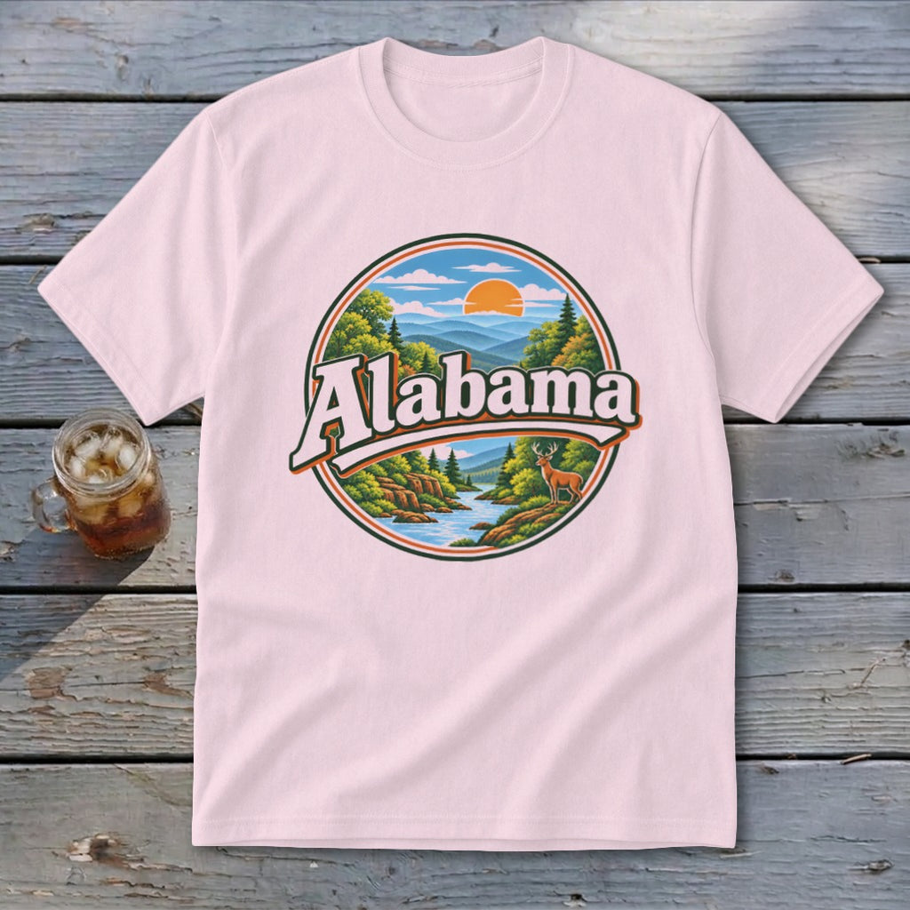 Pink t-shirt with circular Alabama nature scene graphic and deer.