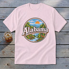 Pink t-shirt with circular Alabama nature scene graphic and deer.
