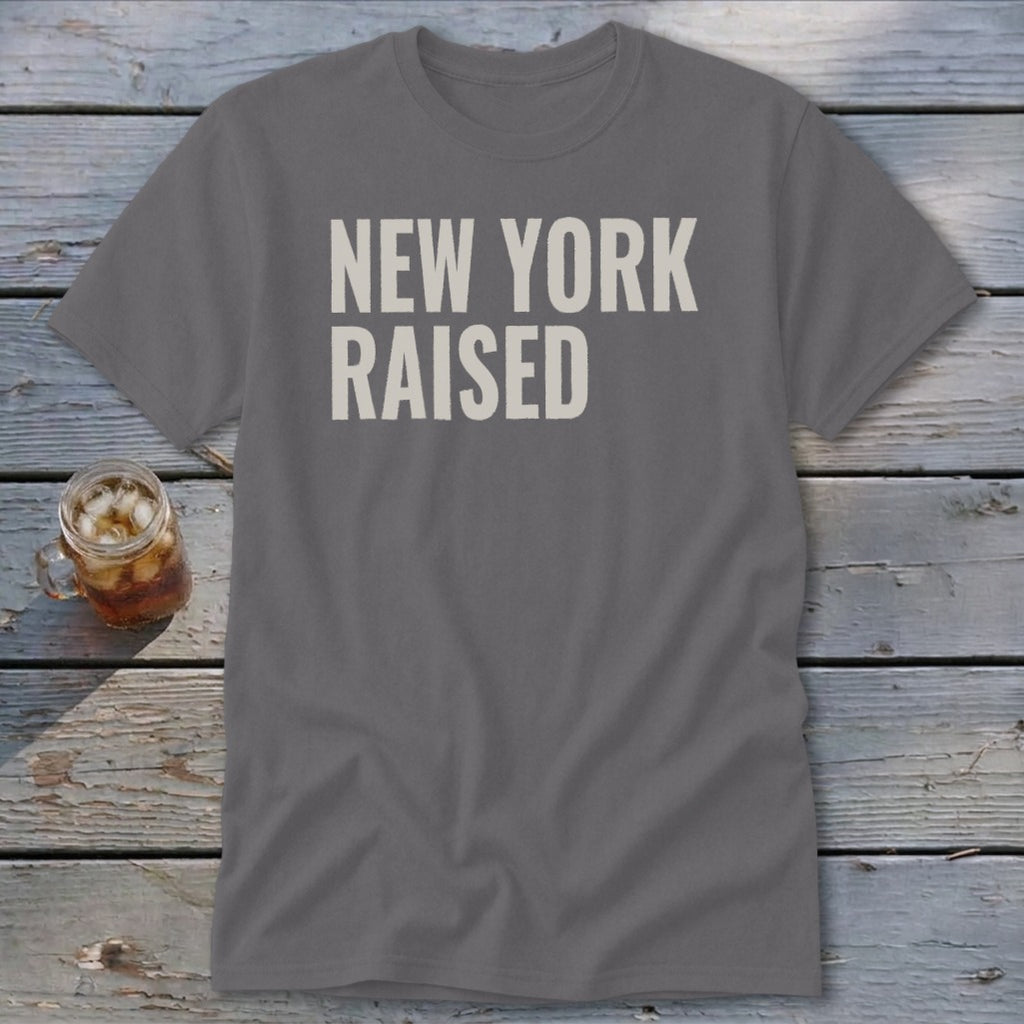 Grey t-shirt with "NEW YORK RAISED" printed in off-white.