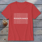 Red v-neck t-shirt with repeating white "RIDGERUNNER" text graphic.