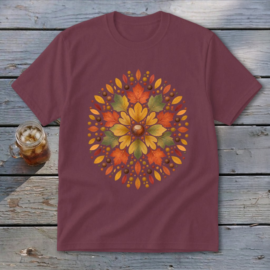 Maroon t-shirt with a circular autumn leaf and acorn design.
