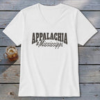 White v-neck t-shirt with "Appalachia #Mississippi" graphic.