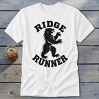 White t-shirt with black "RIDGE RUNNER" text and a black bear graphic.