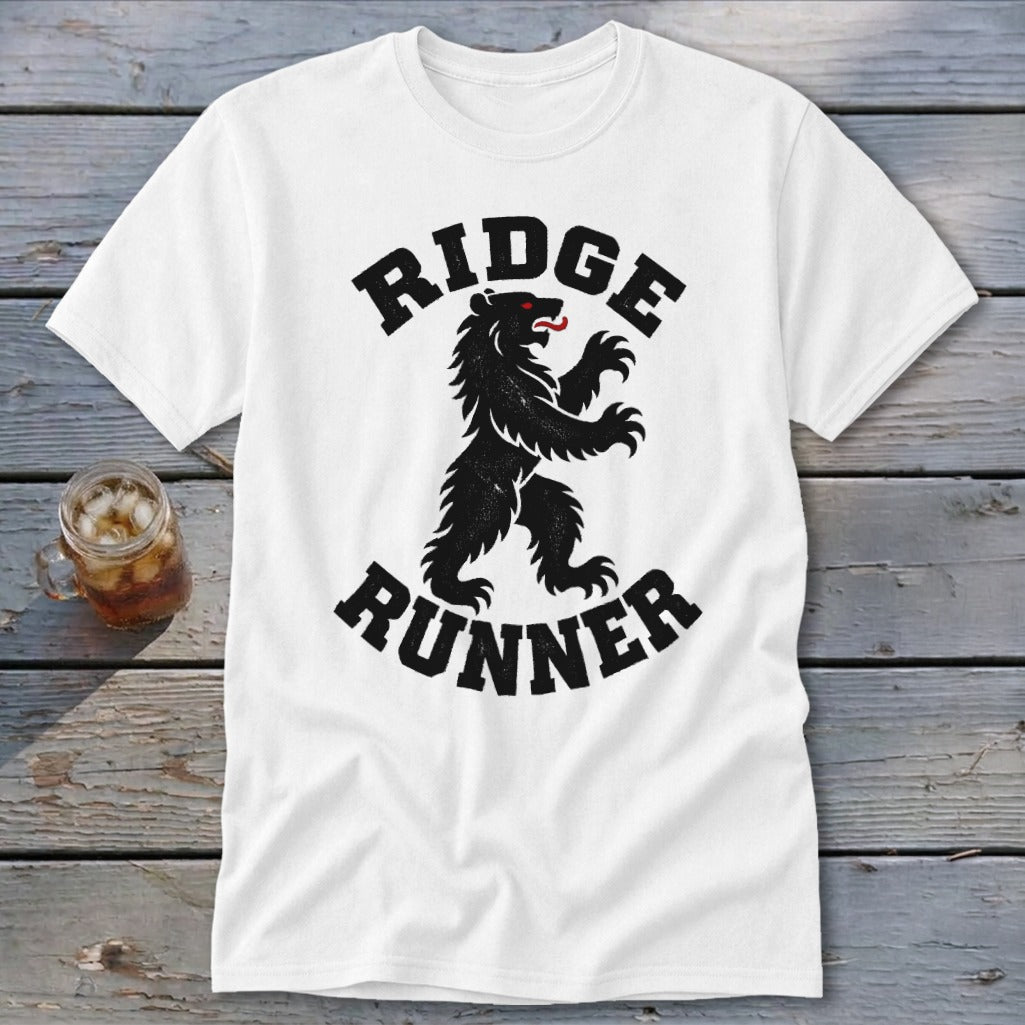 White t-shirt with black "RIDGE RUNNER" text and a black bear graphic.