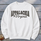 White sweatshirt with "APPALACHIA #Virginia" text graphic.