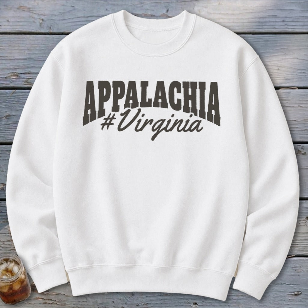 White sweatshirt with "APPALACHIA #Virginia" text graphic.