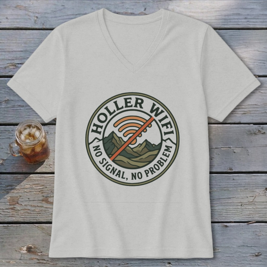 Light grey t-shirt with "Holler Wifi, No Signal, No Problem" graphic.