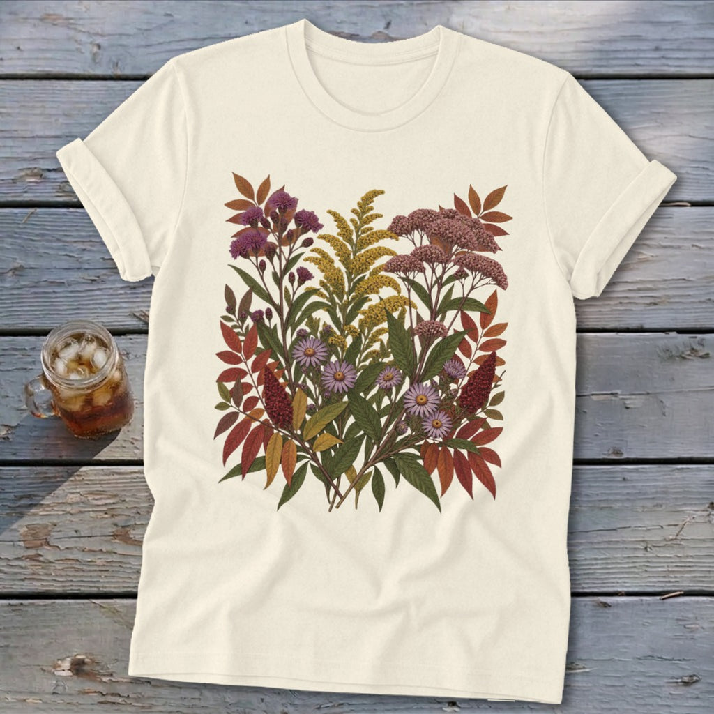 Cream t-shirt with a botanical print of wildflowers and fall foliage.