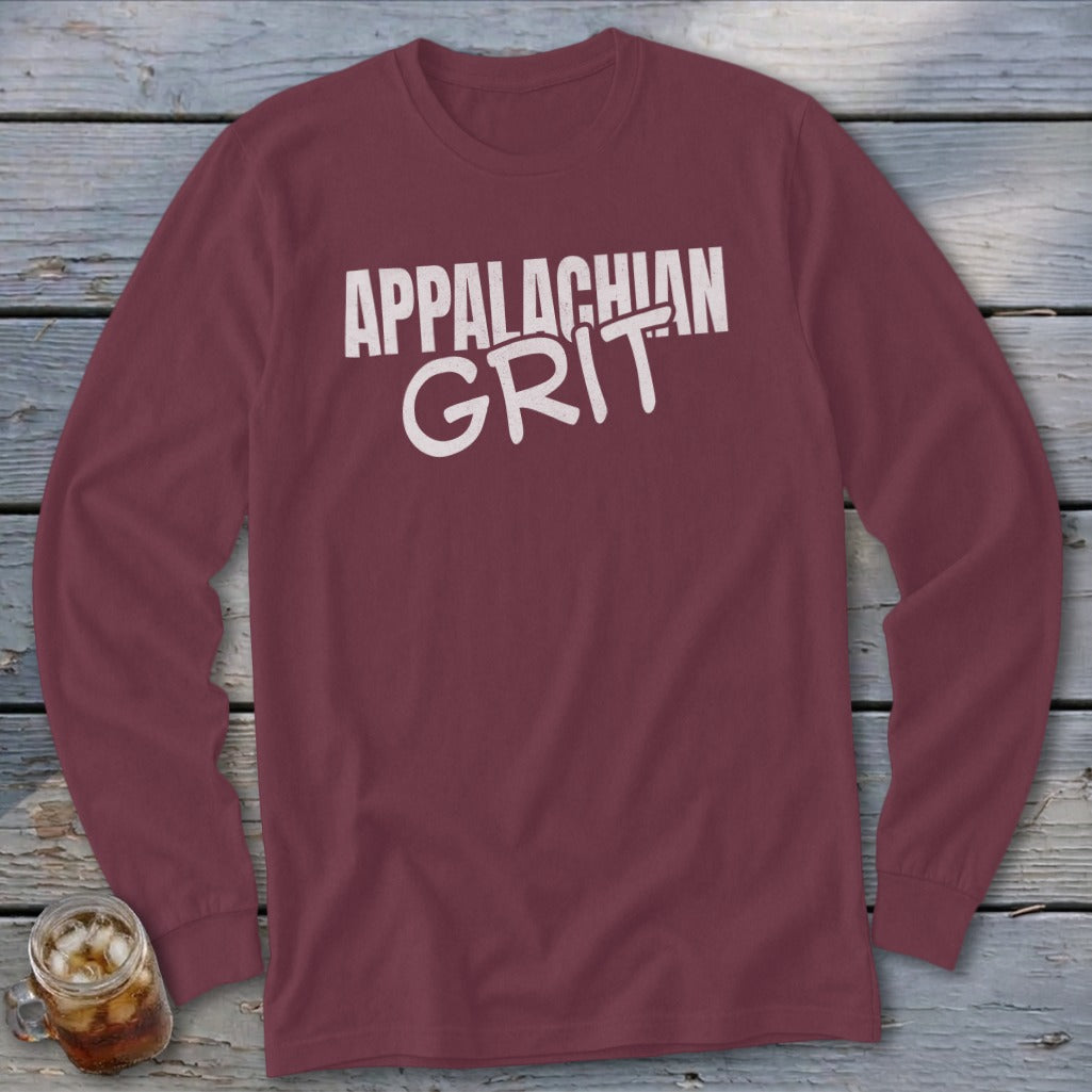 Maroon long-sleeve shirt with white "APPALACHIAN GRIT" text.