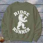 Olive green sweatshirt with white "Ridge Runner" text and a white bear graphic.