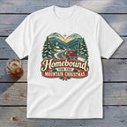 White t-shirt with "Homebound for the Mountain Christmas" graphic.