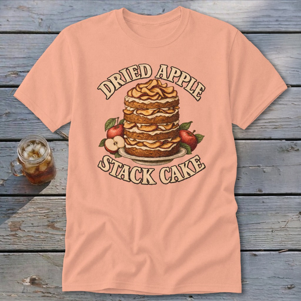 Peach t-shirt with "Dried Apple Stack Cake" text and a cake illustration.