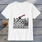 White v-neck shirt with stacked firewood and axe graphic, text reads "STACKED FOR THE SEASON".