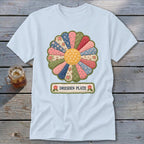 Light blue t-shirt with a Dresden Plate flower graphic and text "DRESDEN PLATE".