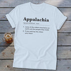Light blue t-shirt featuring dictionary-style text defining Appalachia, laid flat on a wooden surface.